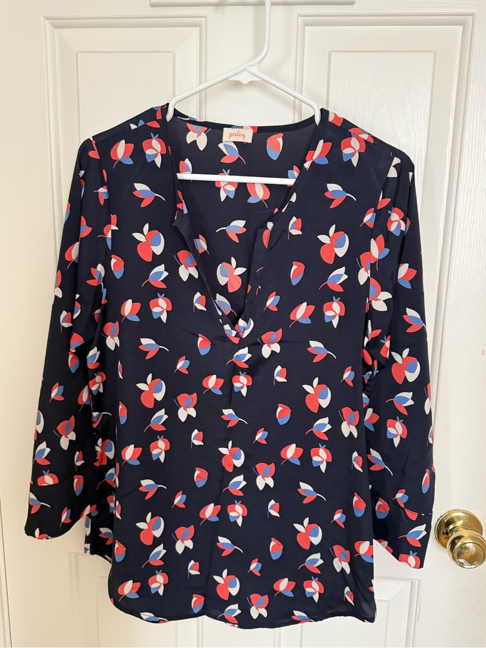 Pixley Navy Floral-Print V-Neck Blouse with Red & Blue Accents
